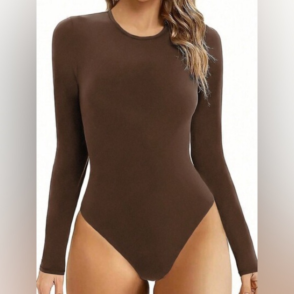 Brown long sleeve round neck bodysuit, size M